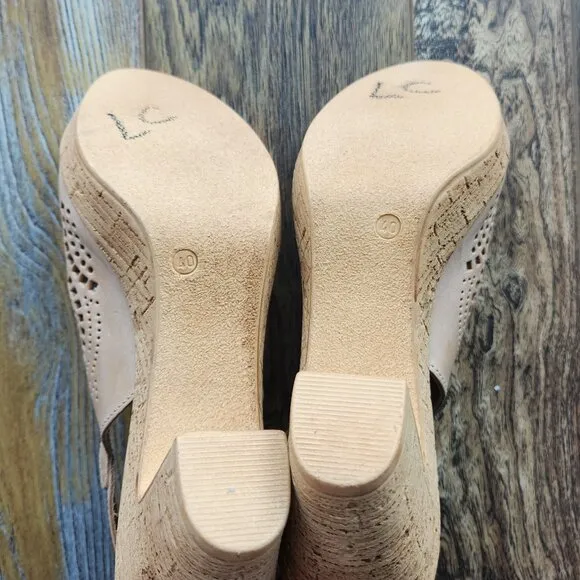 NWoB Spring Step Liberty Laser-Cut Leather Slingback Sandals Buckle Beige