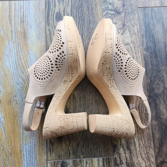NWoB Spring Step Liberty Laser-Cut Leather Slingback Sandals Buckle Beige
