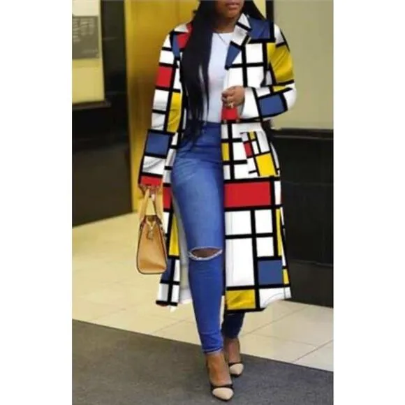 NWOT Colored Geo Trench Coat Colorful Outerwear Cardigan Long Blazer Jacket 4XL