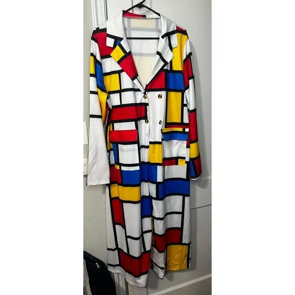 NWOT Colored Geo Trench Coat Colorful Outerwear Cardigan Long Blazer Jacket 4XL
