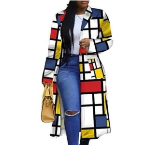 NWOT Colored Geo Trench Coat Colorful Outerwear Cardigan Long Blazer Jacket 4XL