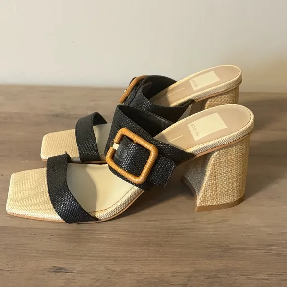 NWOT Dolce Vita Posy Heeled Block Sandals Black Rattan Raffia Size 7.5