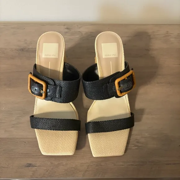 NWOT Dolce Vita Posy Heeled Block Sandals Black Rattan Raffia Size 7.5
