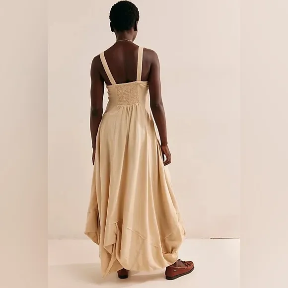 NWOT Free People What A Breeze Asymmetrical Hem Midi Dress in Bleached Sand Sz L