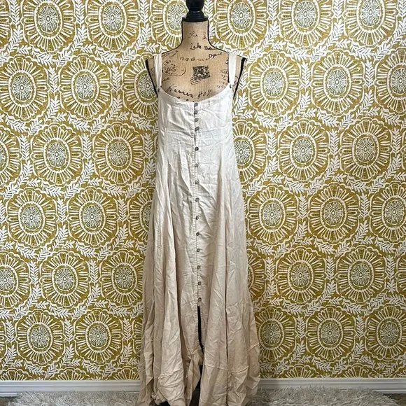 NWOT Free People What A Breeze Asymmetrical Hem Midi Dress in Bleached Sand Sz L