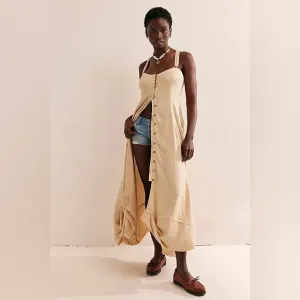 NWOT Free People What A Breeze Asymmetrical Hem Midi Dress in Bleached Sand Sz M