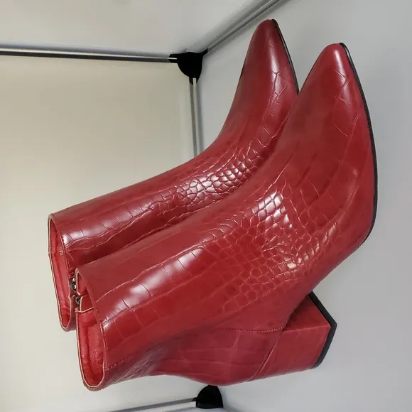NWOT Red Ankle Boots Faux Crocodile