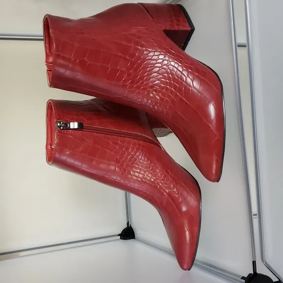 NWOT Red Ankle Boots Faux Crocodile