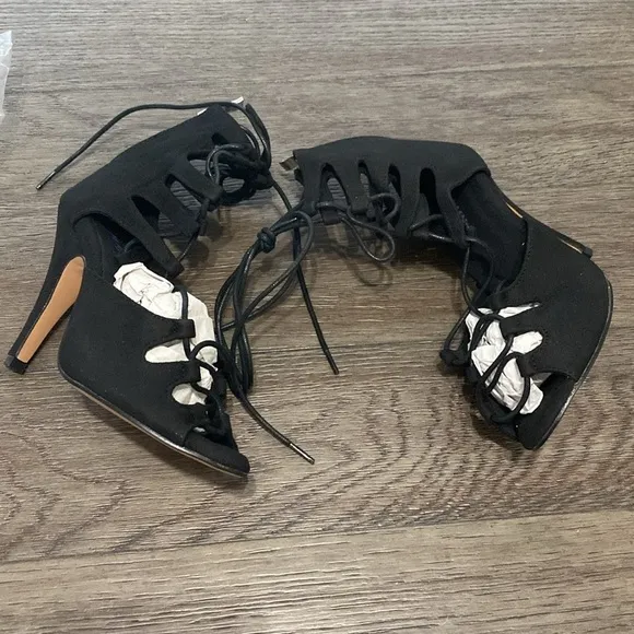 NWT BURJU Amalia Open Toe Lace Up Heeled Sandals | Black | Size 5.5