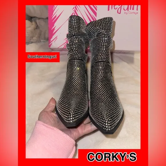 NWT Corkys  &quot;Glossy&quot; Slouchy Calf Boots covered with Crystals /Rhinestones