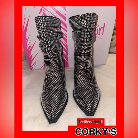 NWT Corkys  &quot;Glossy&quot; Slouchy Calf Boots covered with Crystals /Rhinestones