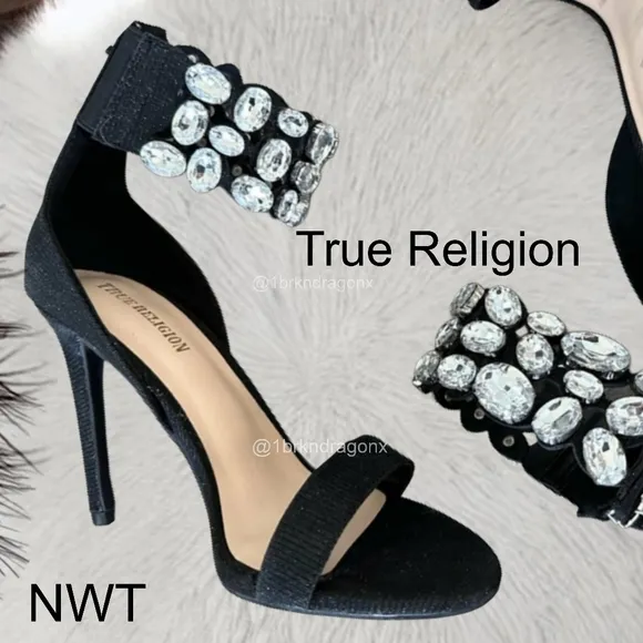 NWT Crystal Embellished Open Toe Sandals Heels True Religion
