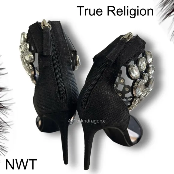 NWT Crystal Embellished Open Toe Sandals Heels True Religion