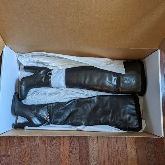 NWT Dundas x Revolve black leather shearling lace up thigh high Kate boots
