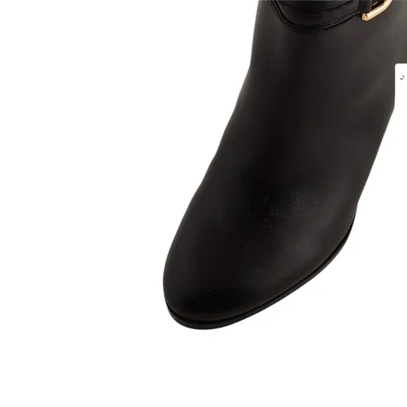 NWT Express Buckle Detail Genuine Leather Pull-On Style Tall Heeled Boots Black