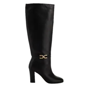 NWT Express Buckle Detail Genuine Leather Pull-On Style Tall Heeled Boots Black