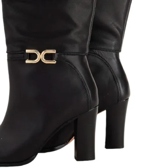 NWT Express Buckle Detail Genuine Leather Pull-On Style Tall Heeled Boots Black