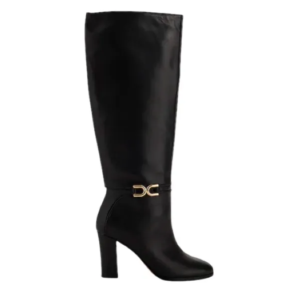 NWT Express Buckle Detail Genuine Leather Pull-On Style Tall Heeled Boots Black