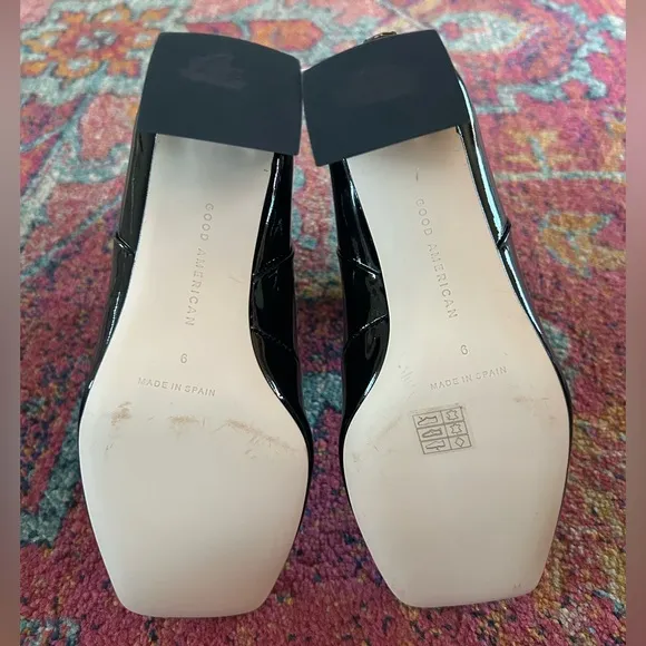 NWT Good American | Women’s black patent pull on square toe chunky heel, size 6