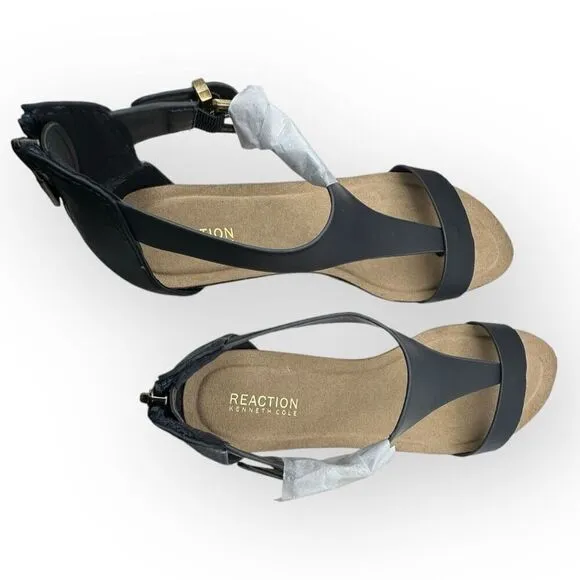 NWT Kenneth Cole Reaction Womens T-Strap Great Gal Wedge Sandals Navy Size 9.5