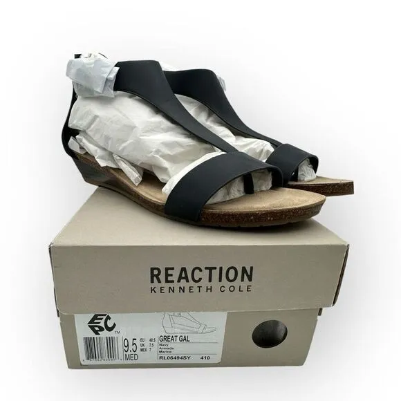 NWT Kenneth Cole Reaction Womens T-Strap Great Gal Wedge Sandals Navy Size 9.5