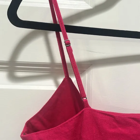 NWT LOFT Beach Tie Front Bow Strappy Linen Blend Midi Dress Hot Pink vacation
