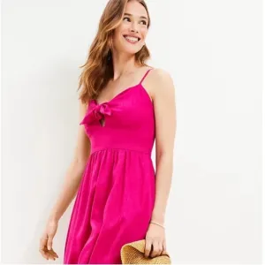 NWT LOFT Beach Tie Front Bow Strappy Linen Blend Midi Dress Hot Pink vacation