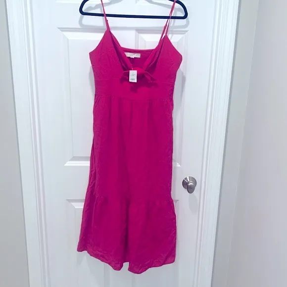 NWT LOFT Beach Tie Front Bow Strappy Linen Blend Midi Dress Hot Pink vacation
