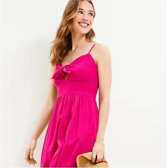 NWT LOFT Beach Tie Front Bow Strappy Linen Blend Midi Dress Hot Pink vacation