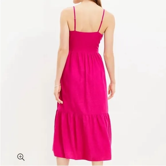 NWT LOFT Beach Tie Front Bow Strappy Linen Blend Midi Dress Hot Pink vacation