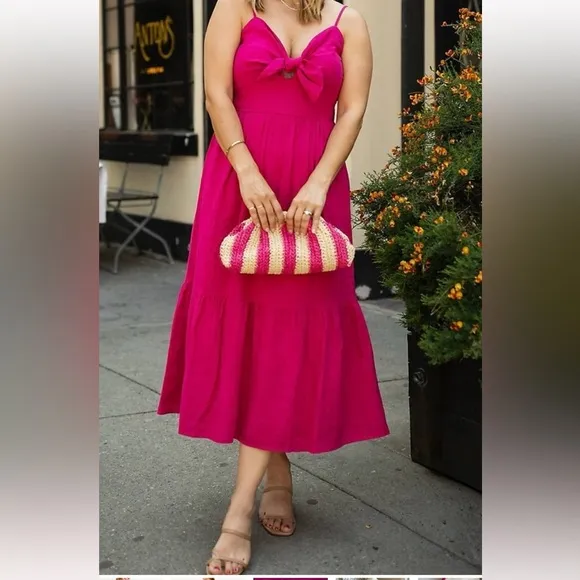 NWT LOFT Beach Tie Front Bow Strappy Linen Blend Midi Dress Hot Pink vacation