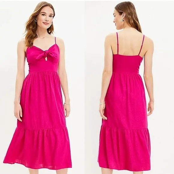NWT LOFT Beach Tie Front Bow Strappy Linen Blend Midi Dress Hot Pink vacation