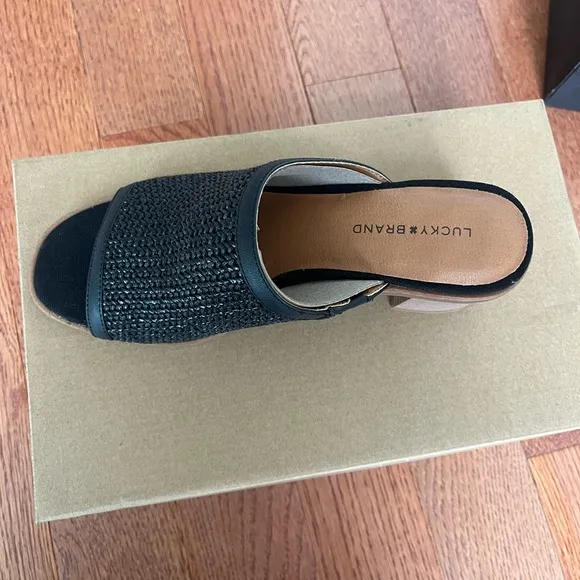 NWT LUCKY BRAND LENIRA SLIDE WEDGE SANDALS BLACK WEAVE BRAND NEW IN BOX