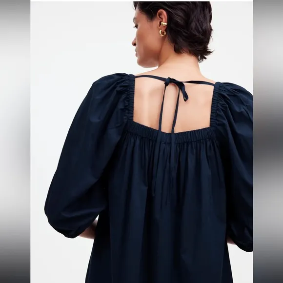 NWT Madewell Square-Neck Open Back Puff-Sleeve Mini Dress In Navy Blue