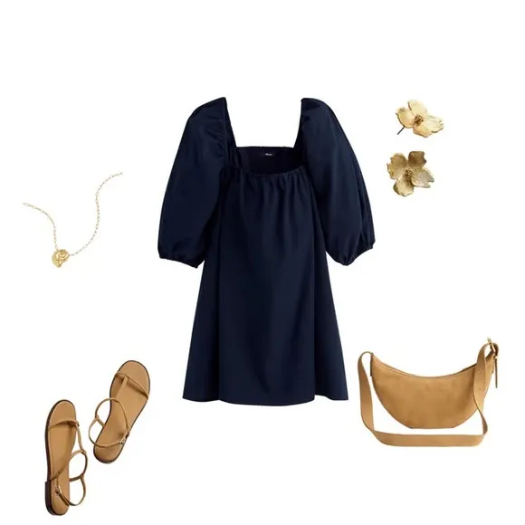 NWT Madewell Square-Neck Open Back Puff-Sleeve Mini Dress In Navy Blue