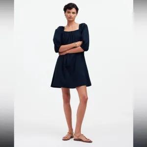 NWT Madewell Square-Neck Open Back Puff-Sleeve Mini Dress In Navy Blue