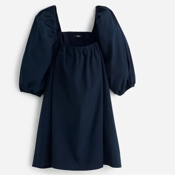 NWT Madewell Square-Neck Open Back Puff-Sleeve Mini Dress In Navy Blue