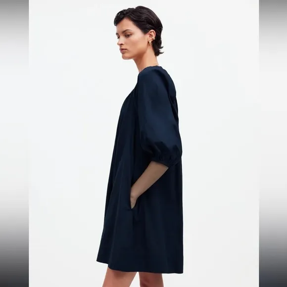NWT Madewell Square-Neck Open Back Puff-Sleeve Mini Dress In Navy Blue