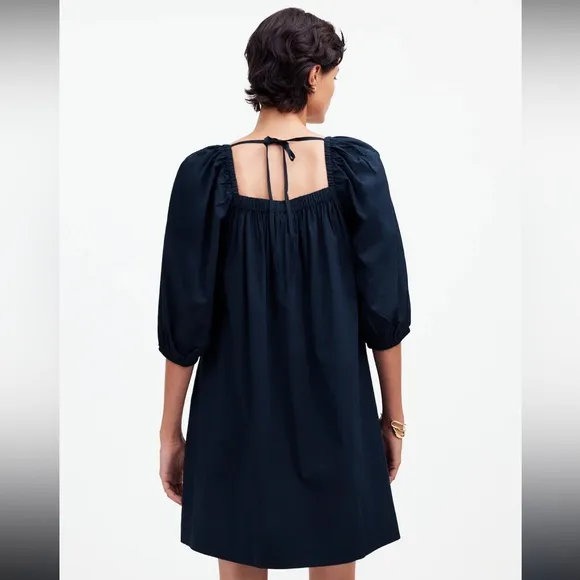 NWT Madewell Square-Neck Open Back Puff-Sleeve Mini Dress In Navy Blue