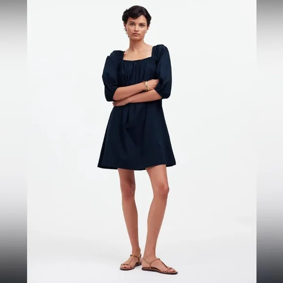 NWT Madewell Square-Neck Open Back Puff-Sleeve Mini Dress In Navy Blue