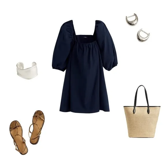 NWT Madewell Square-Neck Open Back Puff-Sleeve Mini Dress In Navy Blue