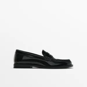 NWT. Massimo Dutti Black Leather Gathered Penny Strap Loafers. Size 7,5,…