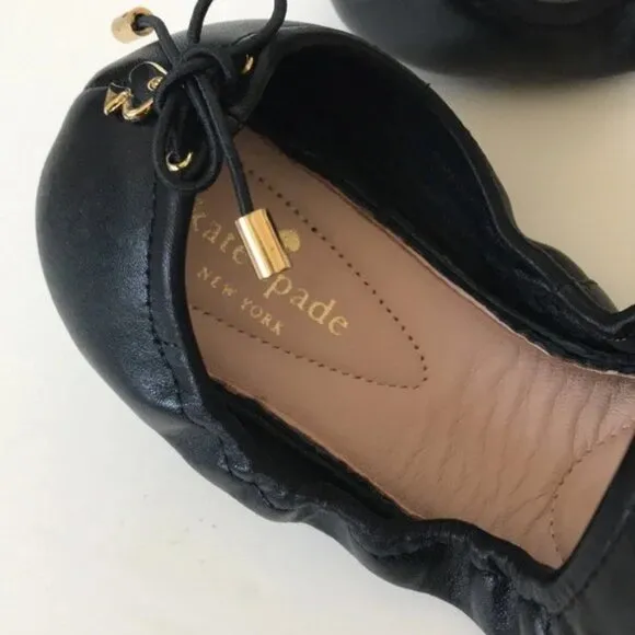NWT New IOB Kate Spade Globe Foldable Ballerina Flats Black Nappa w/Dustbag