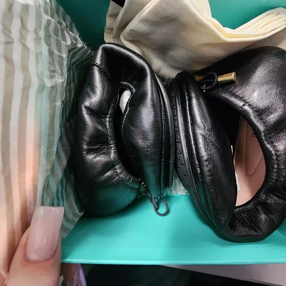 NWT New IOB Kate Spade Globe Foldable Ballerina Flats Black Nappa w/Dustbag