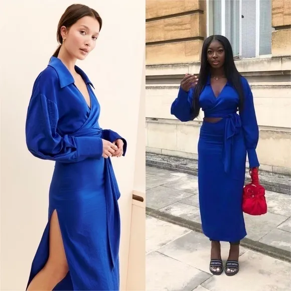 NWT RONNY KOBO 70s Cobalt Satin Long Sleeve Wrap   Cutout Collared Midi Dress XS