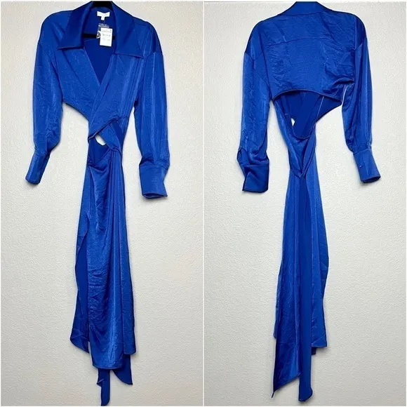 NWT RONNY KOBO 70s Cobalt Satin Long Sleeve Wrap   Cutout Collared Midi Dress XS