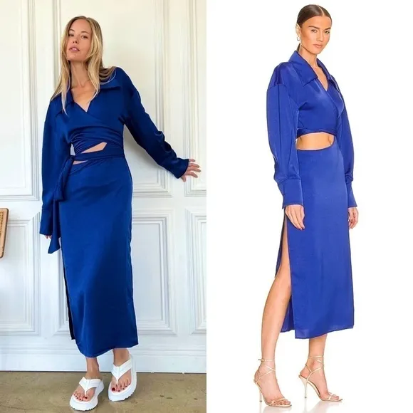 NWT RONNY KOBO 70s Cobalt Satin Long Sleeve Wrap   Cutout Collared Midi Dress XS