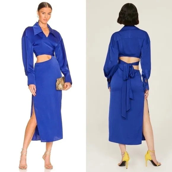 NWT RONNY KOBO 70s Cobalt Satin Long Sleeve Wrap   Cutout Collared Midi Dress XS