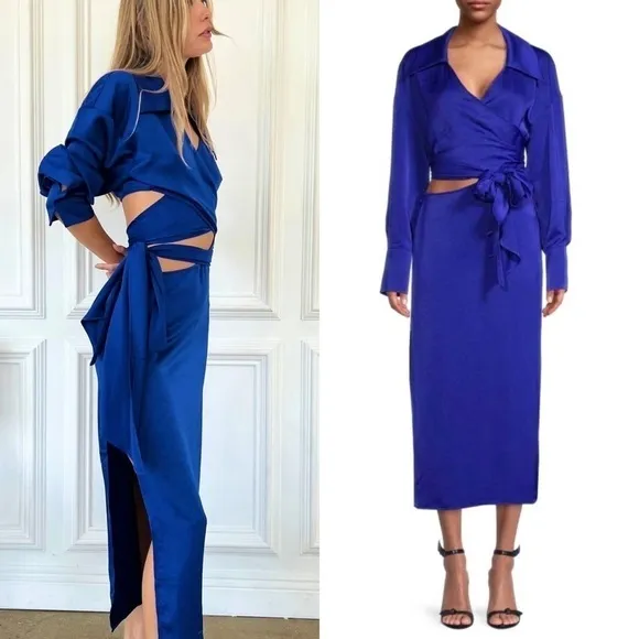 NWT RONNY KOBO 70s Cobalt Satin Long Sleeve Wrap   Cutout Collared Midi Dress XS