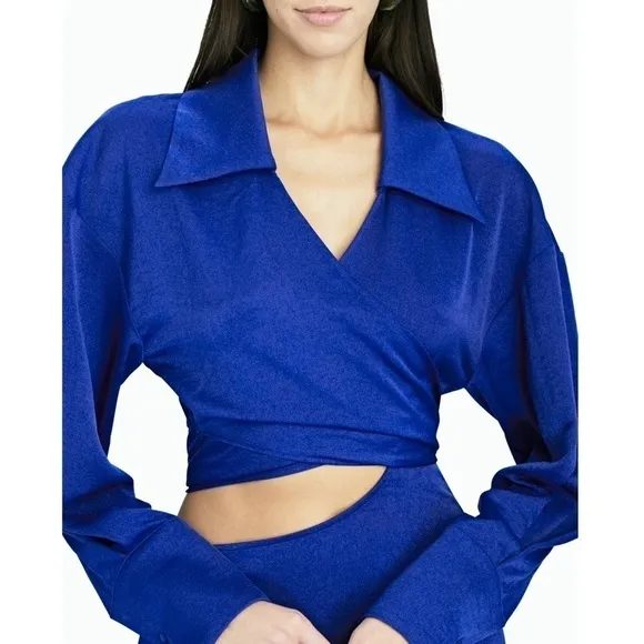 NWT RONNY KOBO 70s Cobalt Satin Long Sleeve Wrap   Cutout Collared Midi Dress XS